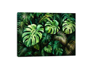 Emerald tropical monstera and palm leaves botanical artwork