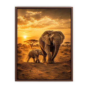 Baby elephant walking beside mother in black and white photography