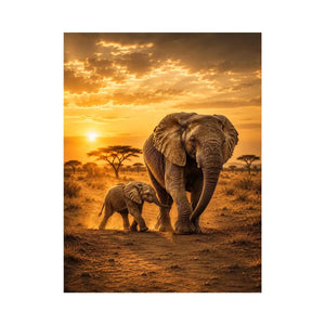 Baby elephant walking beside mother in black and white photography