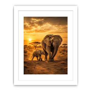 Baby elephant walking beside mother in black and white photography