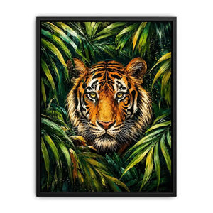 Majestic tiger emerging through lush green jungle foliage in expressive wildlife painting style