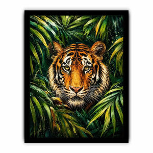 Majestic tiger emerging through lush green jungle foliage in expressive wildlife painting style