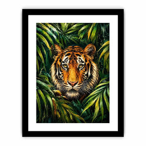 Majestic tiger emerging through lush green jungle foliage in expressive wildlife painting style