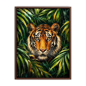 Majestic tiger emerging through lush green jungle foliage in expressive wildlife painting style
