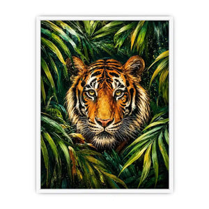 Majestic tiger emerging through lush green jungle foliage in expressive wildlife painting style