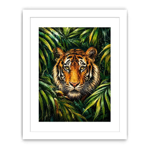 Majestic tiger emerging through lush green jungle foliage in expressive wildlife painting style