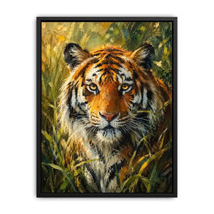 Majestic tiger portrait surrounded by lush jungle foliage in expressive wildlife painting style