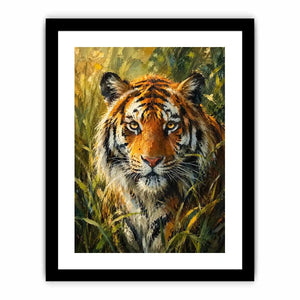 Majestic tiger portrait surrounded by lush jungle foliage in expressive wildlife painting style
