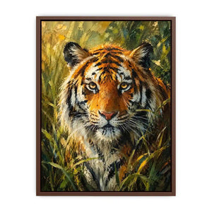 Majestic tiger portrait surrounded by lush jungle foliage in expressive wildlife painting style