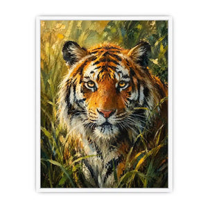 Majestic tiger portrait surrounded by lush jungle foliage in expressive wildlife painting style