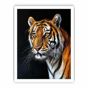 Elegant tiger portrait with expressive brushwork against a dramatic dark background