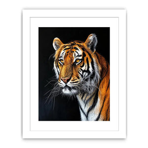 Elegant tiger portrait with expressive brushwork against a dramatic dark background