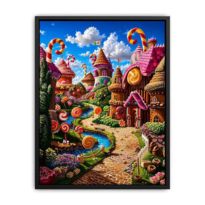 Fantasy candy village canvas wall art for colorful modern living room decor.