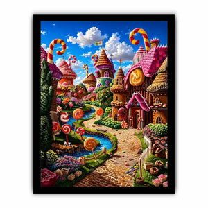 Fantasy candy village canvas wall art for colorful modern living room decor.