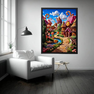Fantasy candy village canvas wall art for colorful modern living room decor.