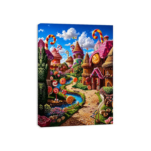 Fantasy candy village canvas wall art for colorful modern living room decor.