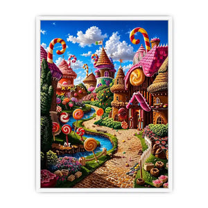 Fantasy candy village canvas wall art for colorful modern living room decor.