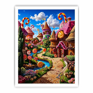 Fantasy candy village canvas wall art for colorful modern living room decor.