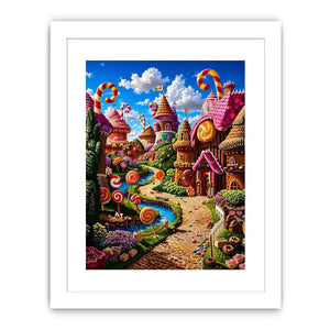 Fantasy candy village canvas wall art for colorful modern living room decor.