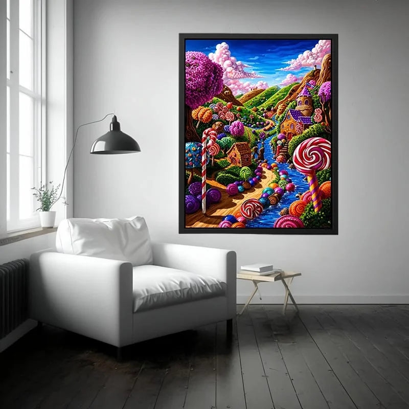 Whimsical candyland canvas wall art for colorful nursery and modern playroom decor.