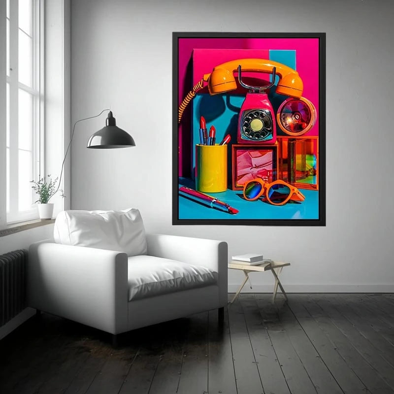 Retro neon fashion canvas wall art with vintage phone, lipstick, and sunglasses for modern glam decor.