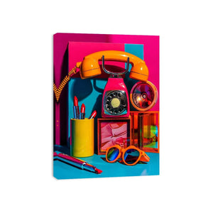 Retro neon fashion canvas wall art with vintage phone, lipstick, and sunglasses for modern glam decor.