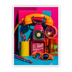 Retro neon fashion canvas wall art with vintage phone, lipstick, and sunglasses for modern glam decor.