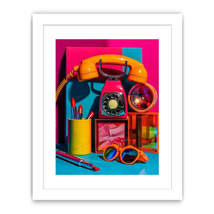 Retro neon fashion canvas wall art with vintage phone, lipstick, and sunglasses for modern glam decor.