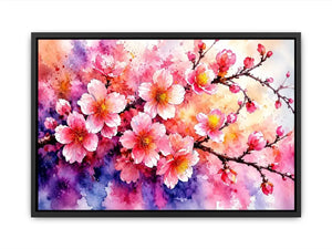 Pink cherry blossom watercolor canvas wall art for serene bedroom and modern living room decor.