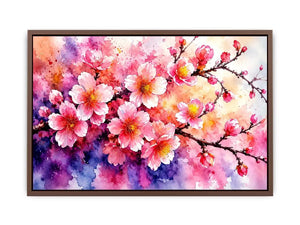 Pink cherry blossom watercolor canvas wall art for serene bedroom and modern living room decor.