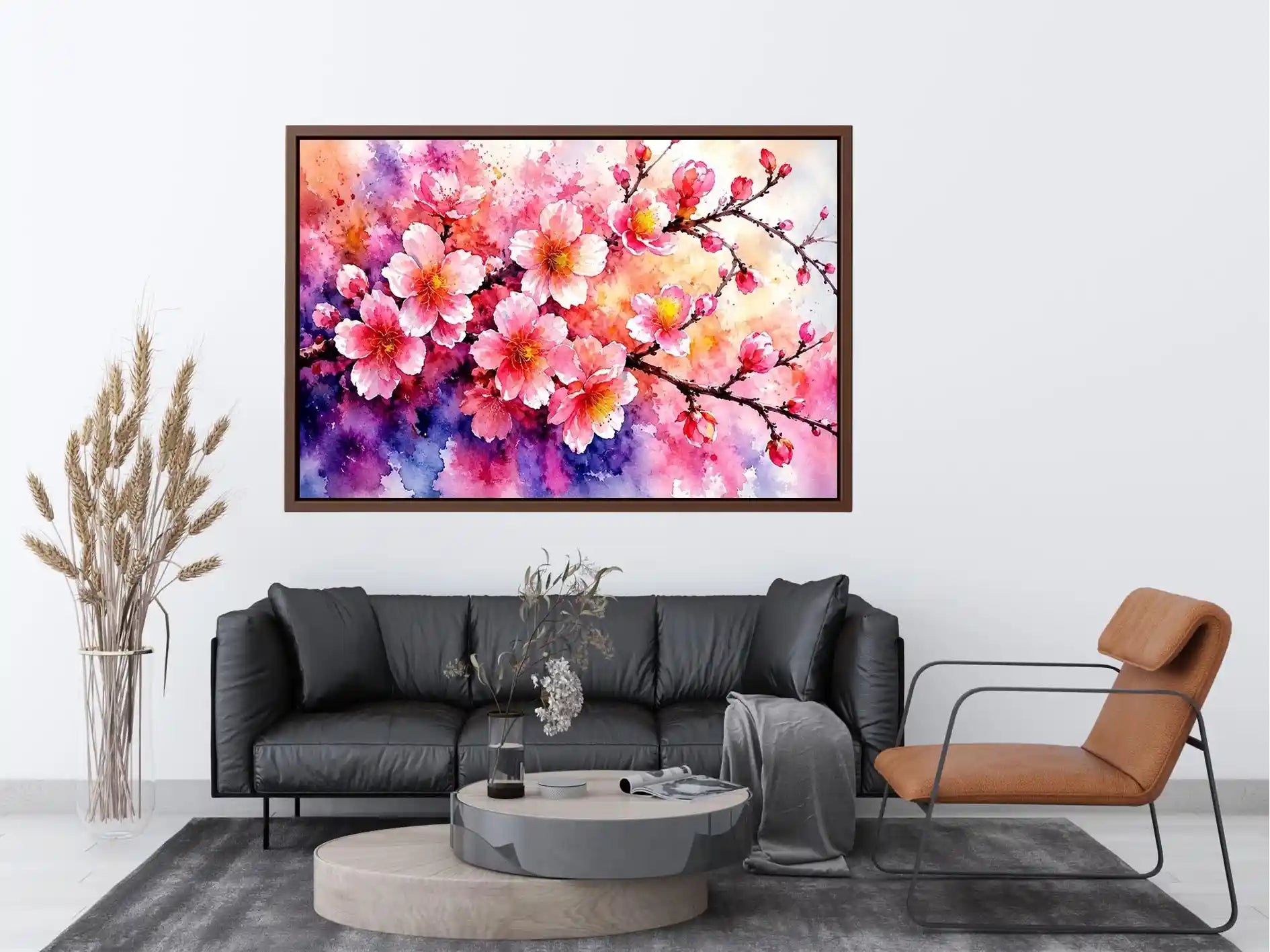 Pink cherry blossom watercolor canvas wall art for serene bedroom and modern living room decor.