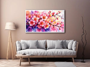 Pink cherry blossom watercolor canvas wall art for serene bedroom and modern living room decor.