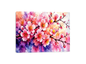 Pink cherry blossom watercolor canvas wall art for serene bedroom and modern living room decor.