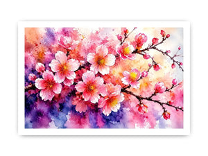 Pink cherry blossom watercolor canvas wall art for serene bedroom and modern living room decor.