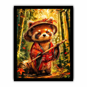 Cute red panda in traditional Japanese clothing standing in a glowing bamboo forest for modern wall decor