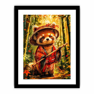 Cute red panda in traditional Japanese clothing standing in a glowing bamboo forest for modern wall decor