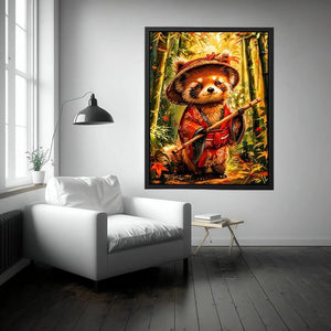 Cute red panda in traditional Japanese clothing standing in a glowing bamboo forest for modern wall decor