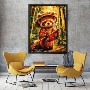 Cute red panda in traditional Japanese clothing standing in a glowing bamboo forest for modern wall decor