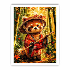 Cute red panda in traditional Japanese clothing standing in a glowing bamboo forest for modern wall decor
