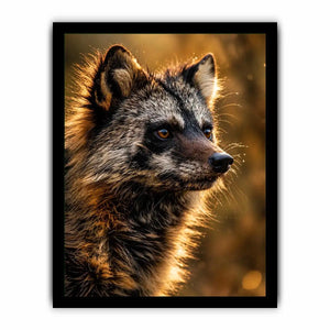 Golden wildlife raccoon portrait wall art with warm cinematic lighting for modern rustic interiors
