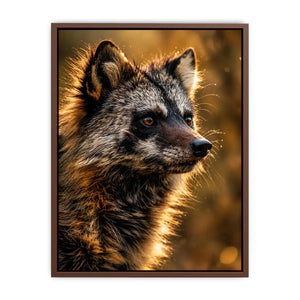 Golden wildlife raccoon portrait wall art with warm cinematic lighting for modern rustic interiors