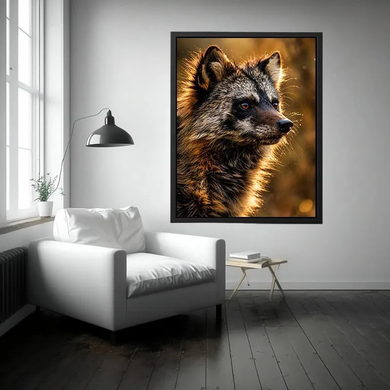Golden wildlife raccoon portrait wall art with warm cinematic lighting for modern rustic interiors