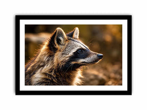 Warm golden raccoon wildlife canvas art for rustic modern living room and nature-inspired interiors