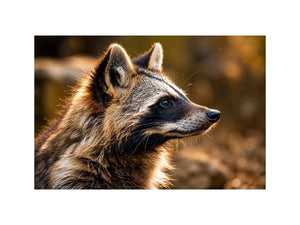 Warm golden raccoon wildlife canvas art for rustic modern living room and nature-inspired interiors