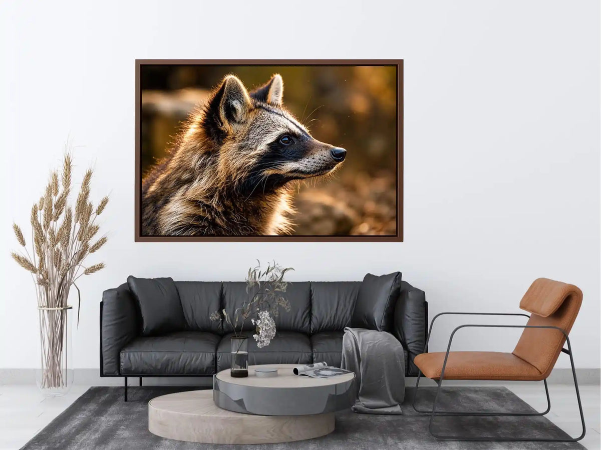 Warm golden raccoon wildlife canvas art for rustic modern living room and nature-inspired interiors