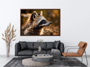Warm golden raccoon wildlife canvas art for rustic modern living room and nature-inspired interiors