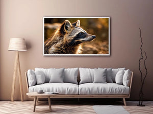 Warm golden raccoon wildlife canvas art for rustic modern living room and nature-inspired interiors