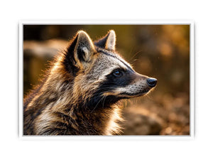 Warm golden raccoon wildlife canvas art for rustic modern living room and nature-inspired interiors