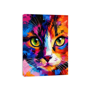 Colorful pop art cat portrait canvas wall art with vibrant abstract brushstrokes for modern interiors