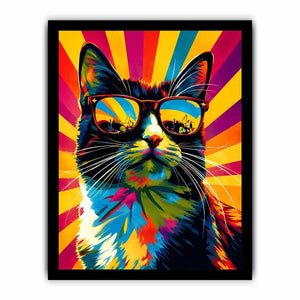 Retro pop art cat wearing sunglasses with colorful sunburst background for modern wall decor